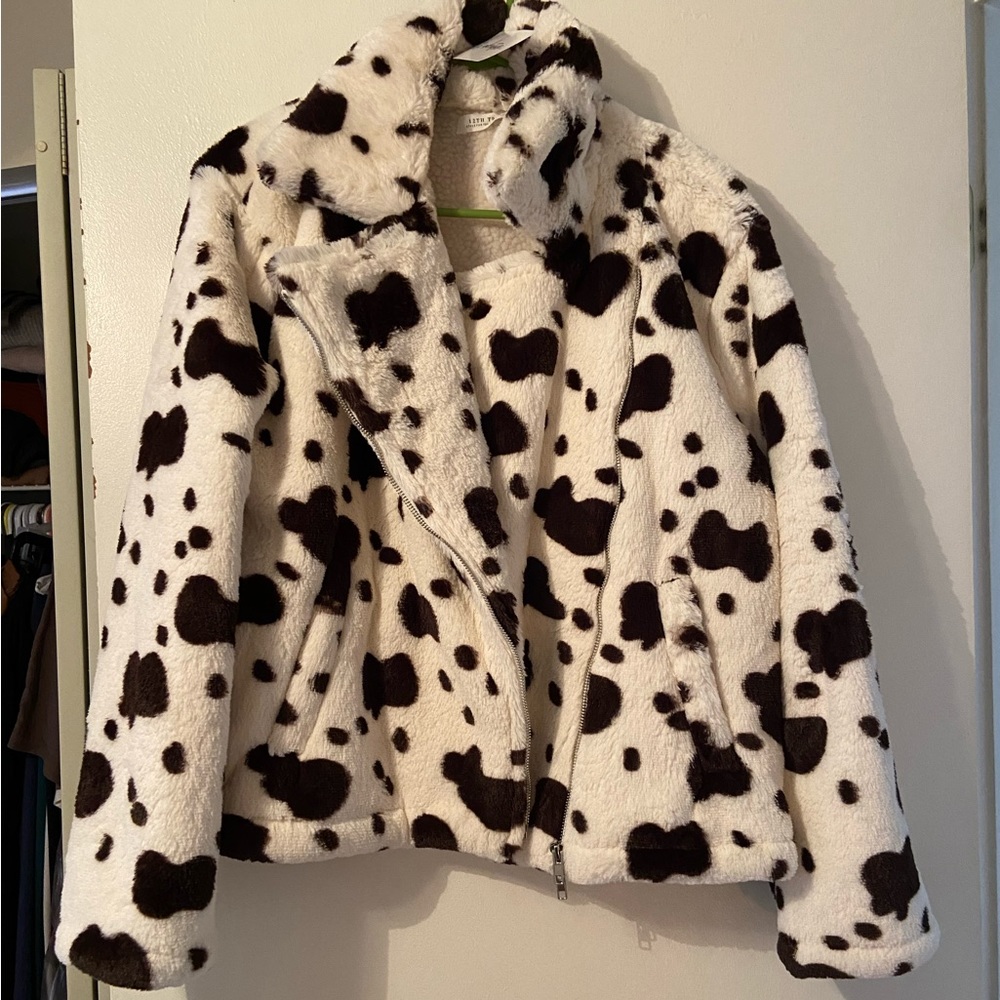 Cow print fuzzy coat! Perfect for a Nashville night!